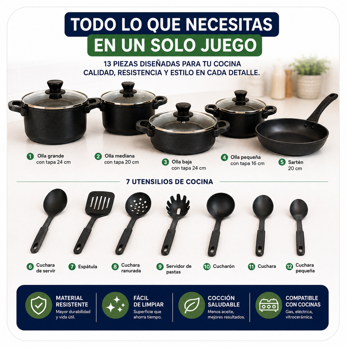 Juego de ollas y utensilios cocina